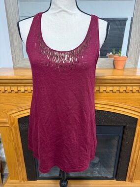 Eileen Fisher linen dark red maroon burgundy tank top embellishments small